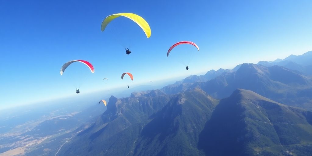 Farbenfrohe Gleitschirme über majestätischen Bergen im Himmel.